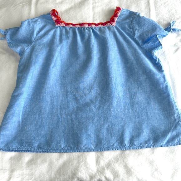 Talbots Blue Linen Top Crochet Trim Pink Coral Short Tie Sleeve Blouse size 2XP - Picture 13 of 16